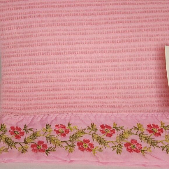 NEW Vintage Fieldcrest Waffle Weave Blanket Twin Pink Embroidered Flowers - Picture 3 of 4